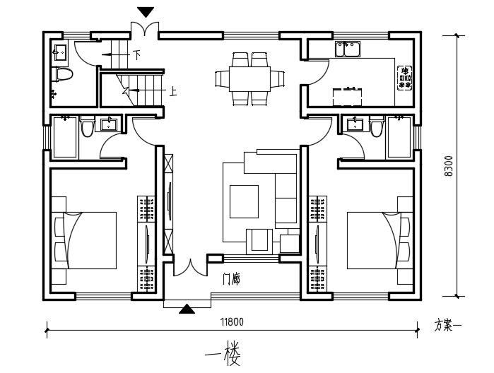 老人去世留8套房,宅基地进深8.3米面宽11.8米，一楼怎样设计两个独立的套间呢？